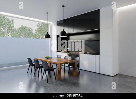 Minimale schwarz-weiße Küche mit Esstisch. Rendering von 3D-Illustrationen Stockfoto