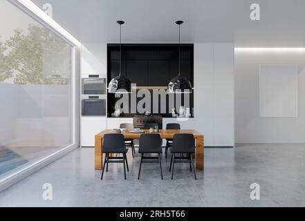 Minimale schwarz-weiße Küche mit Esstisch. Rendering von 3D-Illustrationen Stockfoto