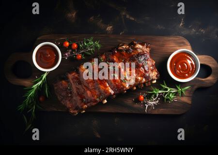 Perfekt gegrillte Schweinerippchen mit Sauce, serviert in rustikaler Speisezusammensetzung. Stockfoto