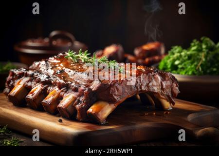 Perfekt gegrillte Schweinerippchen mit Sauce, serviert in rustikaler Speisezusammensetzung. Stockfoto