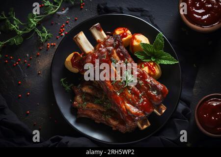 Perfekt gegrillte Schweinerippchen mit Sauce, serviert in rustikaler Speisezusammensetzung. Stockfoto