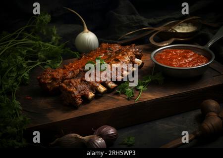 Perfekt gegrillte Schweinerippchen mit Sauce, serviert in rustikaler Speisezusammensetzung. Stockfoto