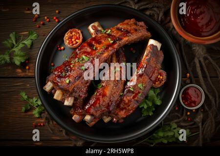 Perfekt gegrillte Schweinerippchen mit Sauce, serviert in rustikaler Speisezusammensetzung. Stockfoto