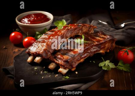 Perfekt gegrillte Schweinerippchen mit Sauce, serviert in rustikaler Speisezusammensetzung. Stockfoto