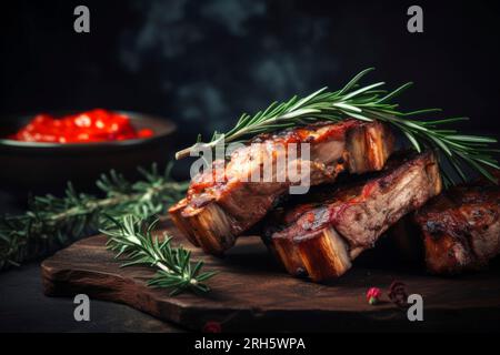 Perfekt gegrillte Schweinerippchen mit Sauce, serviert in rustikaler Speisezusammensetzung. Stockfoto