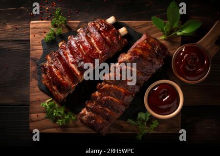 Perfekt gegrillte Schweinerippchen mit Sauce, serviert in rustikaler Speisezusammensetzung. Stockfoto
