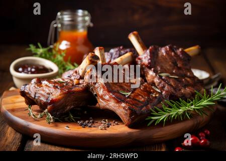 Perfekt gegrillte Schweinerippchen mit Sauce, serviert in rustikaler Speisezusammensetzung. Stockfoto