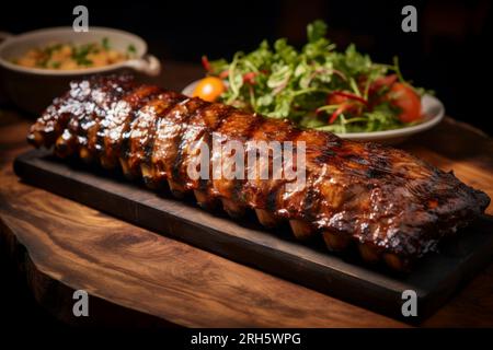 Perfekt gegrillte Schweinerippchen mit Sauce, serviert in rustikaler Speisezusammensetzung. Stockfoto