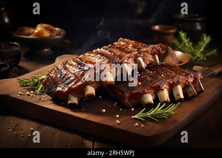 Perfekt gegrillte Schweinerippchen mit Sauce, serviert in rustikaler Speisezusammensetzung. Stockfoto