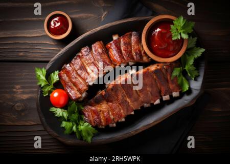 Perfekt gegrillte Schweinerippchen mit Sauce, serviert in rustikaler Speisezusammensetzung. Stockfoto