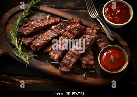 Perfekt gegrillte Schweinerippchen mit Sauce, serviert in rustikaler Speisezusammensetzung. Stockfoto