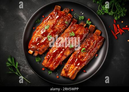 Perfekt gegrillte Schweinerippchen mit Sauce, serviert in rustikaler Speisezusammensetzung. Stockfoto