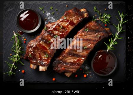 Perfekt gegrillte Schweinerippchen mit Sauce, serviert in rustikaler Speisezusammensetzung. Stockfoto