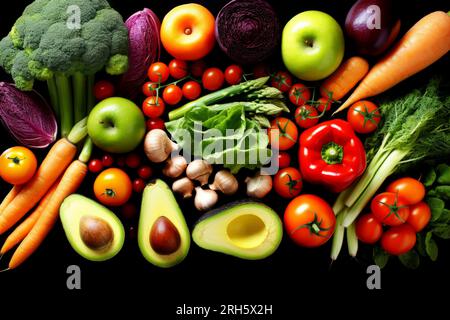 Eine vielfältige Zusammensetzung nahrhafter Speisen, elegant präsentiert in einem ausgewogenen Arrangement. Stockfoto