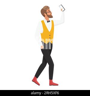 Ein Hipster-Mann, der Selfie macht. Coole, stylische Hipster Boy-Figur, die Blog-Inhalte als Vektorgrafik herstellt Stock Vektor