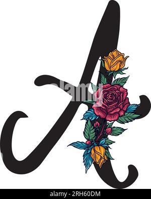 Schreiben Sie Eine handgeschriebene Schrift mit Rosen, handgeschriebene Schrift mit handgezeichneter Rosenblume. Initialen des Monogramms, perfekt für Hochzeitseinladungen, Geburtstagsgrüße Stock Vektor