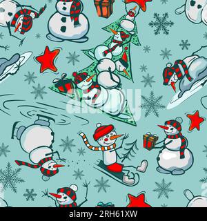 Komischer Schneemannsdruck mit Nahtmuster. Vektordarstellung. Weihnachten, Neujahrskarte, Stoffe, Inneneinrichtung, Sammelalben Stock Vektor