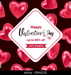 Quadratisches Banner für Valentinstag. Fliegende, funkelnde, realistische, herzförmige Ballons. Auf einem dunklen Hintergrund. Für Werbebanner, Websites, Werbung Stock Vektor