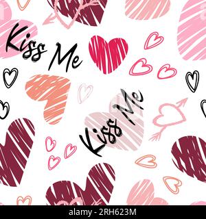 Valentinstag. Herzen, Buchstaben küssen mich. Markantes, modernes Muster, Graffiti. Helle Vektorabbildungen mit Grunge-Texturen in einem Skizzenstil. Für die Wand Stock Vektor