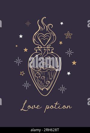 Süße Vintage-Illustration für den Valentinstag. Kochende Zauberhexe Liebestrank in einem Fläschchen, herzförmiger Dampf, Sterne. Für Poster, Karten, Banner, Design Stock Vektor