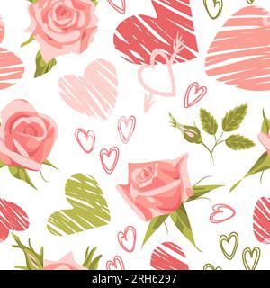 Valentinstag. Herzen und Rosen. Markantes, modernes Muster, Graffiti. Helle Vektorabbildungen mit Grunge-Texturen in einem Skizzenstil. Für Tapeten, PR Stock Vektor