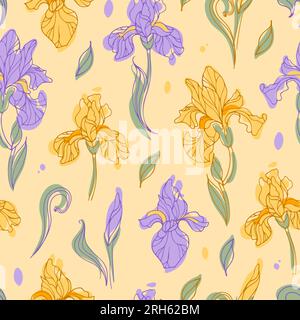 Nahtloses Muster aus modernen hellgelben und violetten Iris-Blüten. Botanische warme Hand gezeichnete Stil Vektor Illustration für Tapete, Drucken auf Stock Vektor