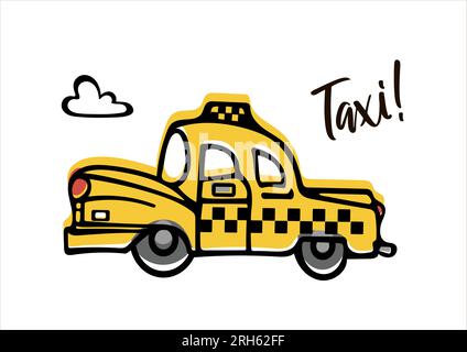 Ein süßes gelbes Retro-Taxi rast die Straße entlang. Kinderabbildung im Kritzelstil. Für Aufkleber, Poster, Postkarten, Designelemente Stock Vektor