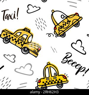 Süße Cartoon-gelbe Retro-Taxis fliegen durch die Wolken. Zeichentrickfilme für Kinder im Kritzelstil. Für Jungen, Kinderzimmer, Tapete, Drucker fa Stock Vektor
