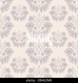 Vintage-Nahtloses Muster aus anmutigen Mohnknospen auf beigefarbenem Hintergrund. Jugendstil. Botanische Darstellung für Tapeten, Textildruck, S. Stock Vektor