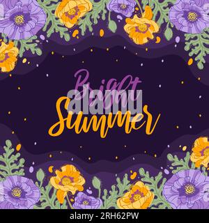 Heller Sommer, quadratisches Banner. Zarte Knospen blühenden Mohnes. In Gelb-Violett-Tönen auf dunklem, kontrastreichem Hintergrund. Botanische Darstellung für Stock Vektor