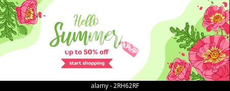 Horizontales Banner für Sommerangebote. Helle, moderne Mohnblumen im handgezeichneten Stil. Vektordarstellung für Hintergrund, Website, Poster, Flyer. Stock Vektor