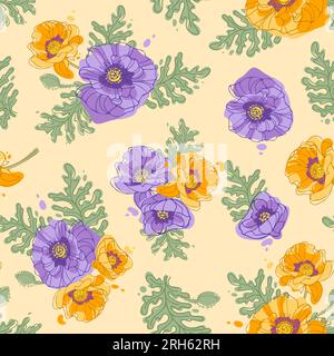 Zarte Blumensträuße aus blühendem Mohn. Helles Sommermuster. In gelb-violetten Pastelltönen. Botanische Illustration für Tapete, Stoffdruck, Packung Stock Vektor