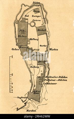 Europa, Deutschland, Thüringen, die Wartburg, Grundplan der Burg, Illustration aus : " der Führer auf der Wartburg ", von Dr. H. v. Ritgen, Verlagsbuchhandlung von J. J. Weber, Leipzig, 1876 / Europa, Deutschland, Thüringen, die Wartburg, Schlossplan, Illustration aus : " der Führer auf der Wartburg " , von Dr. H. v. Ritgen, veröffentlicht von J. J. Weber, Leipzig, 1876 . Stockfoto