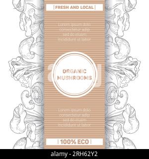 Organische Pilze. Verpackungsvorlage. Ein Set essbarer Pilze. Klassische botanische Illustration. Grafikobjekte im Vintage-Stil. Super für die Speisekarte, labe Stock Vektor