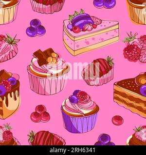 Leckere Cupcakes und Kuchen mit Schokolade, Beeren und Karamell. Moderne Muster helle Vektordarstellung im Skizzenstil. Internationaler Kuchentag. Stock Vektor