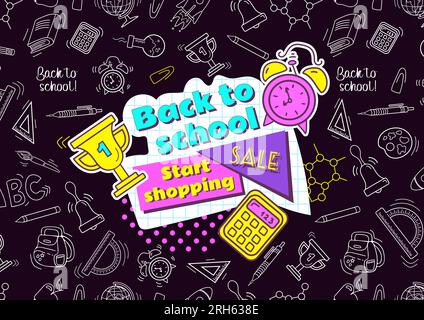 Zurück in die Schule. Leuchtendes Vintage-Banner in Neonfarben im Cartoon-Stil von 90s. Kreidezeichnungen an der Tafel. Taschenrechner, Preisträger, Wecker. Für einen Stock Vektor