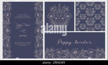 Mohnblumen. Set aus eleganten klassischen Vorlagen im Vintage-Stil. Horizontaler Rand, Rahmen, nahtloses Muster. Botanische Illustration für Banner, Fabr Stock Vektor