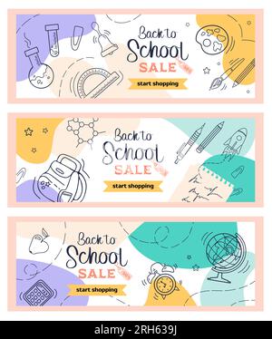Zurück in die Schule. Setzen Sie helle horizontale, moderne Banner in Skizzenstil und Pastellfarben. Lernattribute – Globus, Wecker, Rucksack, Notebook. F Stock Vektor