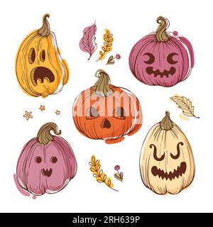 Jack-o-Laternen-Set, süße alte HexenKürbisse. Helle Herbstdarstellung im Skizzenstil für Halloween. Gemüse und Blätter. Warme Erdtöne. F Stock Vektor