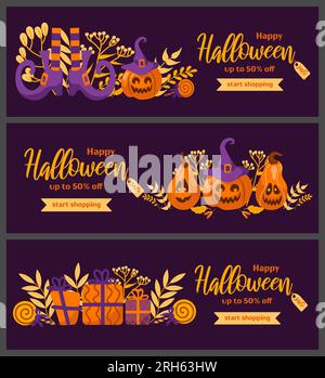 Happy halloween Sale. Legen Sie das horizontale Vektorbanner im Zeichentrickstil fest. Kürbis Jack-o-Laterne, Geschenke, Hexenhut, gestreifte Strümpfe, Schuhe, lollipop Stock Vektor