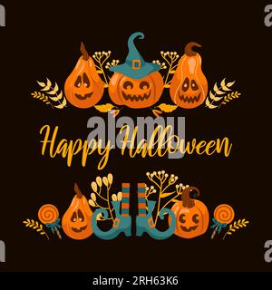 Fröhliche Halloween-Vektordarstellung. Kürbis-Jack-o-Laterne, Hexenhut, gestreifte Strümpfe, Lutscher. Für Aufkleber, Postkarten, Banner, Flyer. O Stock Vektor