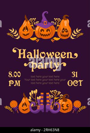 Frohes Halloween. Partyeinladung mit Kürbis-Jack-o-Laterne, Hexenhut, gestreiften Strümpfen und Lutscher im Cartoon-Stil. Vintage-Schriftzug. Für Rahmen, Stock Vektor