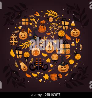 Frohes Halloween. Kreis mit Feiertagssymbolen. Kürbis Jack o Laterne, Hexenhut, gestreifte Strümpfe, Lutscher, Geschenke, Herbstblätter und getrocknete Flo Stock Vektor