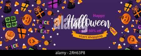 Leuchtendes horizontales Vektorbanner im Cartoon-Stil zum Halloween-Sale. Kürbislaterne, Hexenhut, Lutscher, Geschenke, Sterne, Zuckermais. Zur Werbung für Temp Stock Vektor