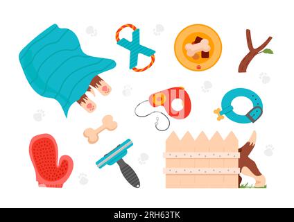 Welpen-Zeug. Schönes Set mit Hundepflegeprodukten. Spielzeug, Fressschale, Knochen, Hundehalsband, Leine Roulette, Hündchen hinter dem Zaun, schläft unter der Decke. Für s Stock Vektor