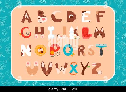 Welpen-Alphabet. Briefe mit Hundemuscheln, Spielzeug und Pflegeartikeln. Helle, lustige Cartoon-Vektordarstellung. Für Kinder, Kinderzimmer, Poster, Geburtstag, wa Stock Vektor