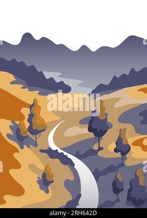 Wunderschöne Herbstlandschaft. Berge, Fluss und Himmel. Vergilbtes Gras, Laubbäume. In Erdtönen. Tourismus, Reisen und Abenteuer. Für Poster, S. Stock Vektor