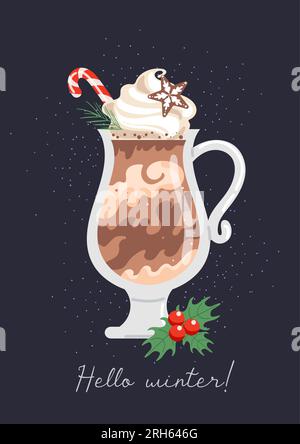 Weihnachtsgetränke im Winter. Heiße Schokolade, Schlagsahne in einem Kristallglas. Lebkuchen-Schneeflocke. Zuckerrohr und Heilige. Essensdarstellung für Menü, Café Stock Vektor