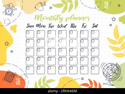 Monatsplaner. Vorlagendesign, wichtige Daten. Zeitplan für Druck, Kalender für Untersuchung oder Arbeit. Lernattribute - Wecker, Taschenrechner, g Stock Vektor