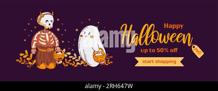 Frohe halloween-Angebote. Horizontales Vektorbanner im Cartoon-Stil. Süßes Skelett und Babygeist im Cartoon-Stil. Vintage-Schriftart. Für Werbevorlage Stock Vektor